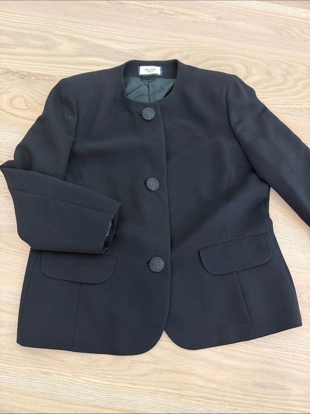 Annabella Boutique Italy Pure New Wool Collarless Black Blazer Jacket Sz 47 / M